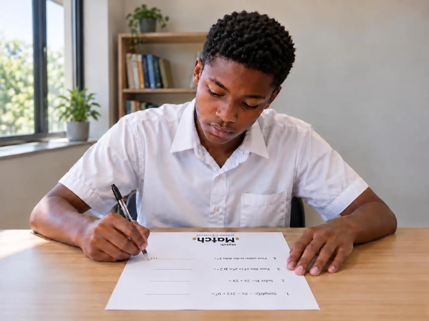 A student writing the Match Diagnostic test, with the Match logo on the test paper